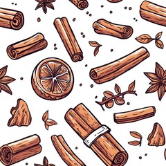 Seamless pattern cinnamon, repeating design, isolated on white background.