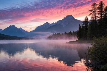 Fototapeta premium Soft Wisp of Mist Lingering Above Tranquil Landscape Creating a Dreamy Atmospheric Scene