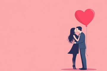 A couple shares a tender kiss while holding a heart-shaped balloon against a soft pink backdrop.