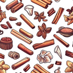 Watercolor seamless pattern cinnamon, blended colors, isolated on white background.