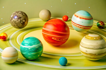 Colorful planets orbiting in space display.
