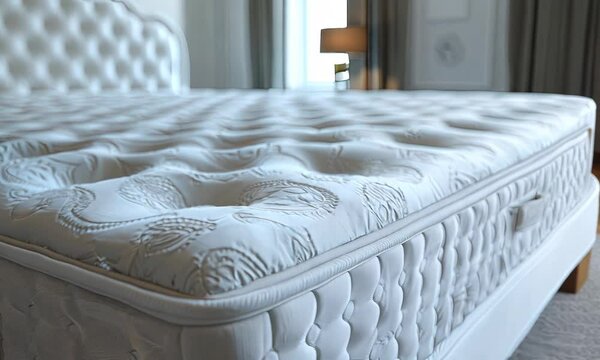 A detailed view of a mattress placed on a clean white surface. Suitable for showcasing bedding products and interior design concepts