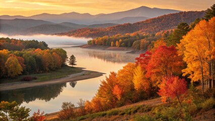 Fototapeta premium Stunning Autumn Landscape with Calm Lake Reflecting Vibrant Colors of Fiery Trees in Nature's Splendor