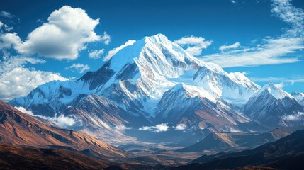 Majestic snow-capped mountains rising against a bright blue sky,