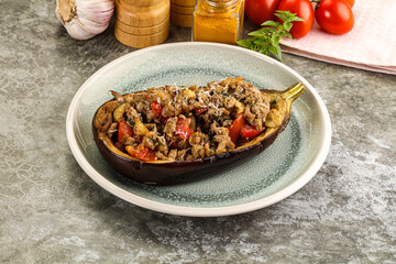 Baked eggplant stuffed meat and tomato
