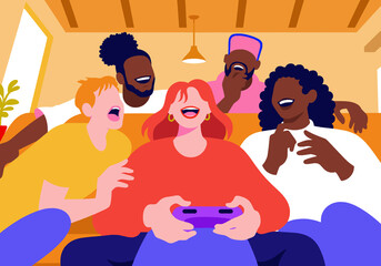 Cheerful multiracial friends spending leisure time playing video game