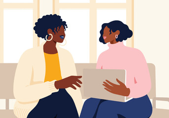 Teacher guiding student sitting on sofa at university