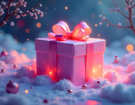 Regalo de navidad elegante envuelto en papel  rosa con un lazo rosa en la nieve con bolas de navidad