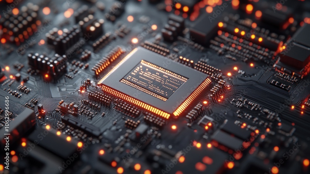 Poster close-up of a circuit board with glowing components.