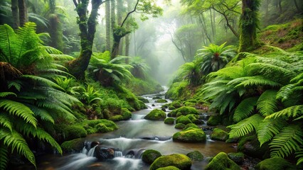Fototapeta premium A dripping stream runs through a dense thicket of green ferns and shrubs in a misty forest atmosphere, foliage, watercourse, damp earth, verdant
