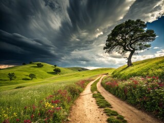 Obraz premium Vibrant Colorful Painting of a Lush Green Landscape with a Beautiful Winding Dirt Pathway