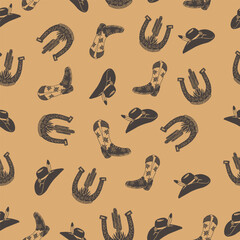 boots illustration hat graphic horseshoe design seamless vintage pattern icon western cactus