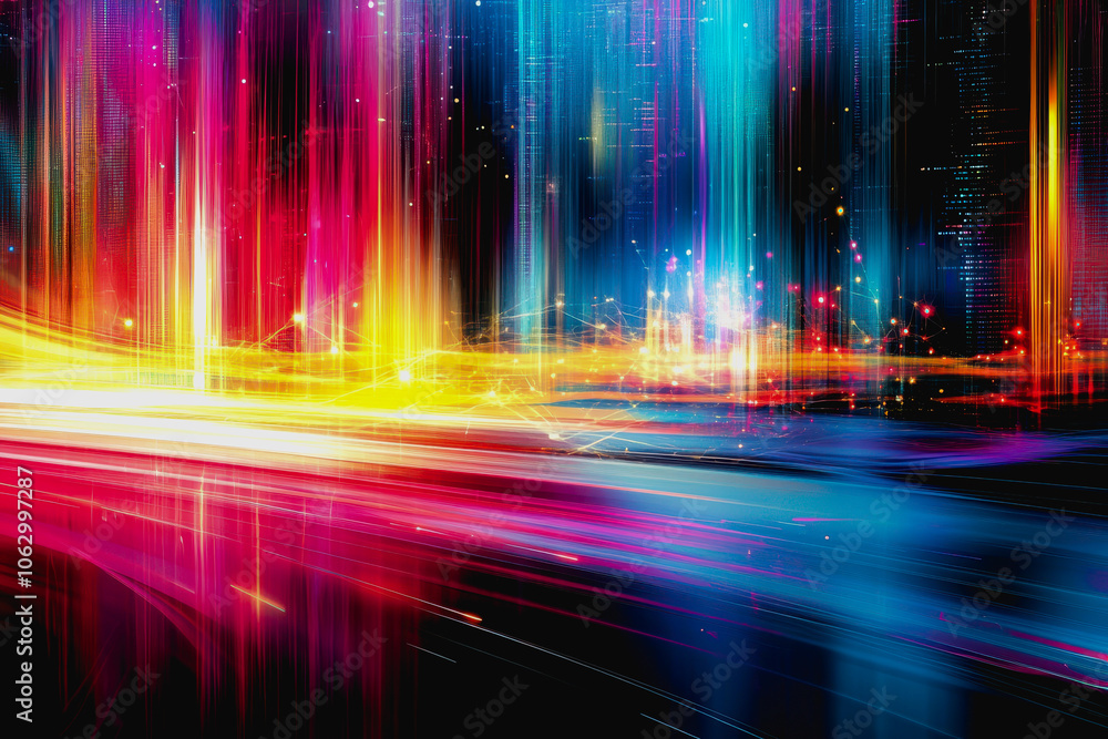 Poster this vibrant abstract digital artwork features geometric blocks and dynamic lines, creating an energ