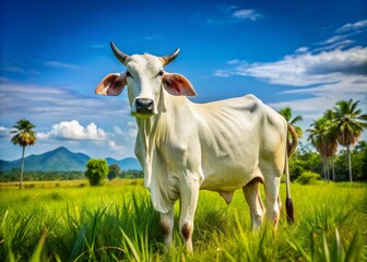 Captivating White Brahman Cow in Lush Thai Field: A Stunning Example of Livestock in Thailand's Scenic Landscape