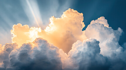 Dramatic cloudscape with bright sunbeams illuminating large cumulus clouds against a clear blue sky, creating a vibrant contrast and a sense of awe.