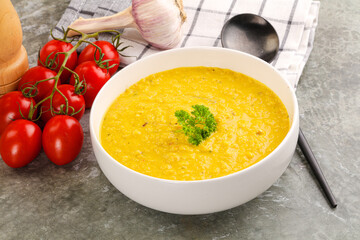 Vegetarian corn cream soup served parsley