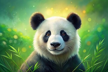Obraz premium Hand-drawn panda artwork set against a gentle green pastel backdrop, perfect for nature-themed designs and prints, adding charm and character to your creations.