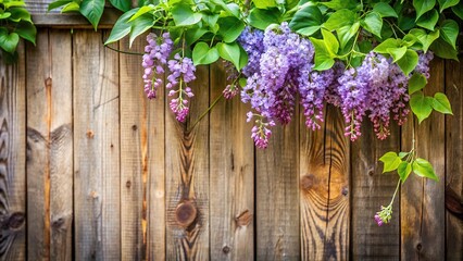 A lilac branch drips gently from a wooden trellis with a muted background of weathered wood and overgrown ivy, branch, outdoor decor, dripping, rustic