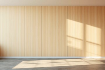 Minimalist room with wooden panel wall and warm sunlight.generative AI
