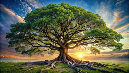 Obraz premium A majestic tree with sprawling branches and roots, symbolizing the connection of all living things, flora, growth, organic