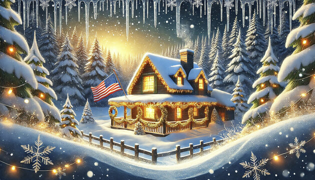 Christmas and New Year in the USA. The winter christmas village is a beautiful sight and an American flag. A snow-covered house, the snow is falling softly and the lights are shining. Vintage postcard
