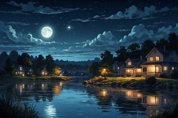 Fototapeta premium Anime style, quiet night by a suburban lake, glowing city lights casting reflections on water, gentle waves lapping at the shore, scattered clouds illuminated under a moonlit sky.