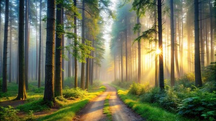 Fototapeta premium A serene and misty forest landscape at dawn with tall trees and a winding path leading into the distance, nature, atmosphere, terrain