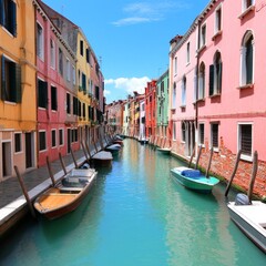 Obraz premium Colorful buildings lining a serene canal in a picturesque setting.