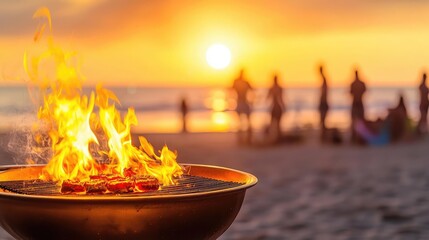 Bonfire on the beach at sunset, silhouettes of people enjoying the evening.