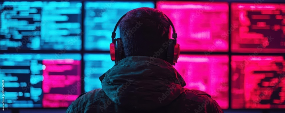 Poster cyber researcher studying vulnerability patterns, surrounded by holographic data research, vulnerabi