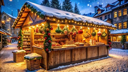 Obraz premium Immerse yourself in the magic of Alsace's Christmas market, complete with a charming wooden stall adorned with festive decorations.