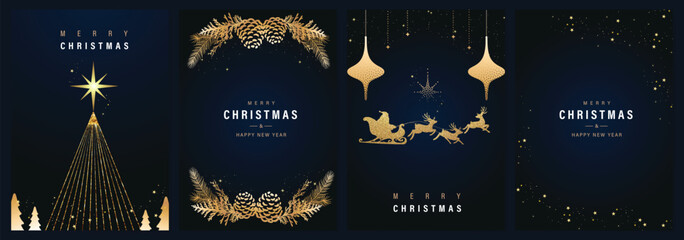 Luxury gold happy holiday invitation card design vector. Christmas tree, sleigh santa and reindeer with gold foil texture on navy blue background. Design illustration for cover, print, poster, ads.