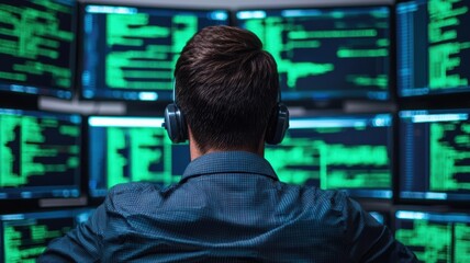 Fototapeta premium Hacker with multiple screens analyzing cyber threats, glowing green data streams Hacking Skills, Cyber Threats