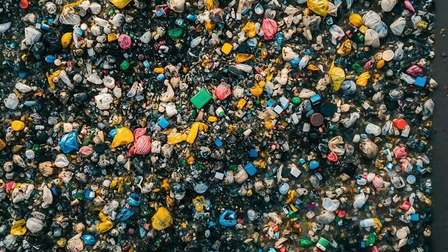 Aerial view of a large area covered in colorful plastic bags and various types of waste, highlighting the environmental issue of pollution and waste management.
