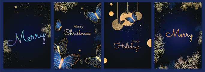 Luxury gold happy holiday invitation card design vector. Christmas leaves, butterflies, star with gold foil texture on navy blue background. Design illustration for cover, print, poster, ads.