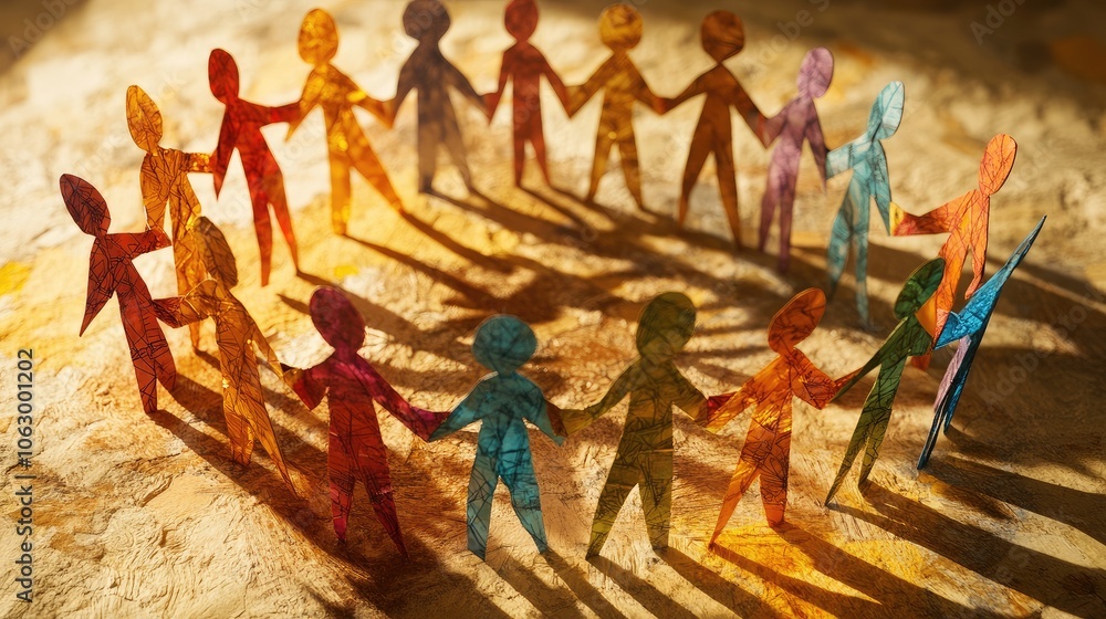 Poster close-up of paper figures arranged in a supportive circle, with shadows on the background to enhance