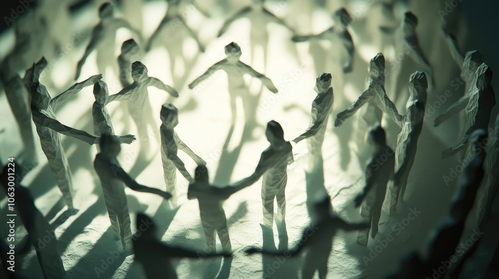 Poster close-up of paper figures arranged in a supportive circle, with shadows on the background to enhance