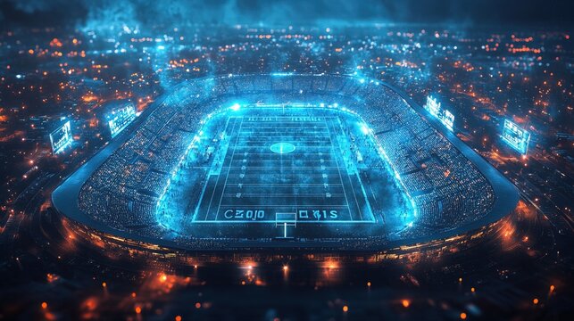 American football with glowing stadium technology