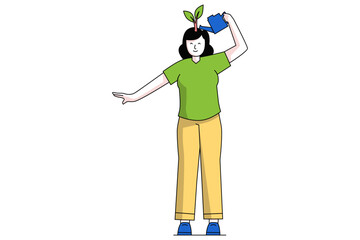Women Watering Plant on Her Head Illustration