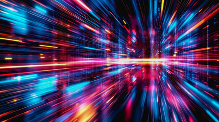 This vibrant abstract digital artwork features geometric blocks in motion, illuminated by colorful lines and lights, creating a dynamic and futuristic design.