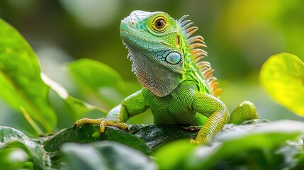 Obraz premium A vibrant green iguana perched among lush foliage.