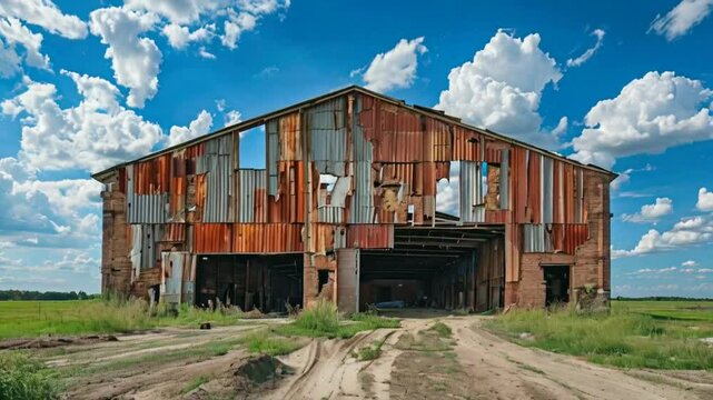 An old, weathered barn with rusted metal siding against a bright blue sky and fluffy clouds.