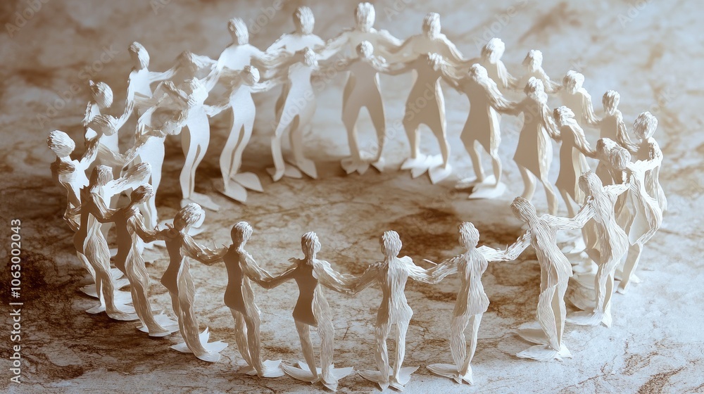 Poster interlocking paper people standing in a circle, facing inward and appearing engaged in mutual unders