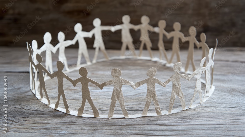Poster interlocking paper people standing in a circle, facing inward and appearing engaged in mutual unders