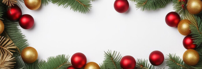 horizontal Christmas banner with pine branches decorated with red and gold balls