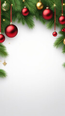 Christmas vertical frame with fir branches, with red and gold balls