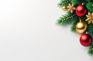 christmas banner with space for text on the left whith golden stars and red balls, white background