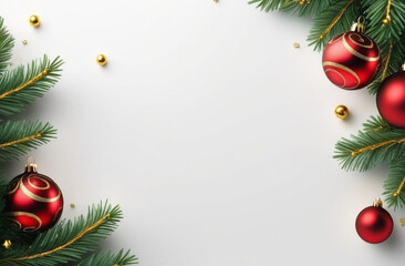 christmas background with christmas tree branches and balls, banner with space for text in the middle with gold stars and red balls