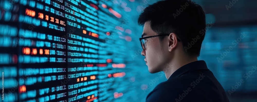 Poster cyber researcher studying vulnerability patterns, surrounded by holographic data research, vulnerabi