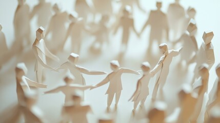 Minimalist image of paper people standing in a tight circle, leaning toward each other with gestures of unity